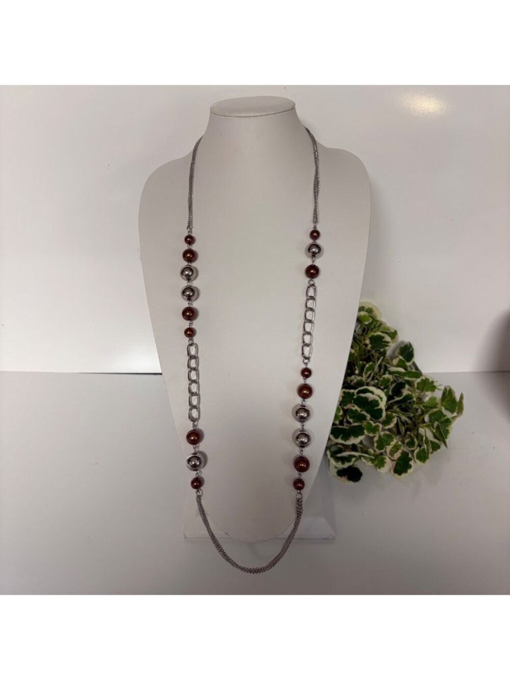 Long Silver Tone Chain Necklace Brown Metallic Beads Modern Statement Jewelry